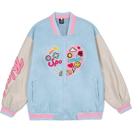 Autumn Cartoon Pattern Embroidery Baseball Jackets Men Hip Hop Pu Leather Patchwork Outwear Tops Streetwear Loose Fit