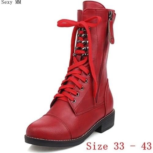 Autumn Women Low Med Heels Mid Calf Boots Booties Motorcycle Shoes Woman Low Heel Short Boots Small Plus Size 33 - 40 41 42 43