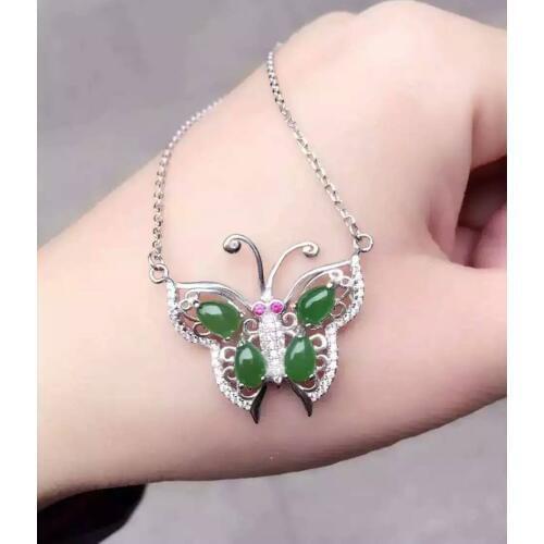 Natural jasper Necklace natural green jade Pendant Necklace for Girls Ladies Fashion elegant big butterfly party fine Jewelry