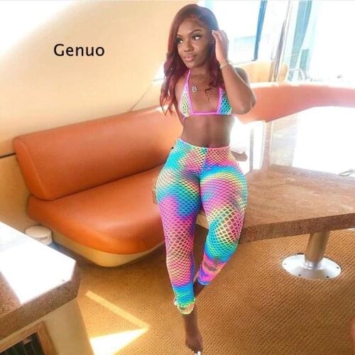 Sexy Women Bikini Print Tie Dye Two Piece Set Bra + Long Pants Hollow Out Summer Beach Clothes for Women