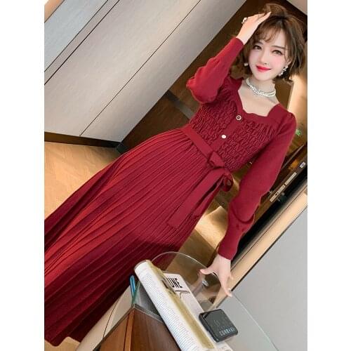 Square Neck Pleated Belt Pleated Pure Color Knit Dress Womens Womens Fall 2020 New European Station