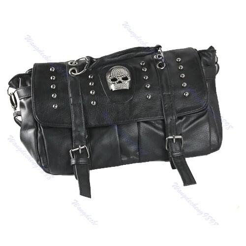 Popular Fashion Womens Personalise Punk Rivet Skull Shoulder Bag Handbag Black