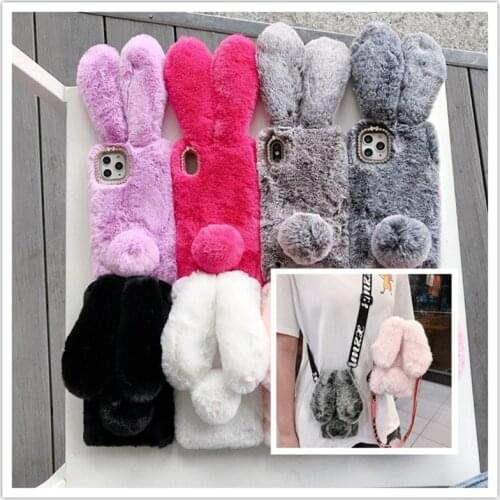 Neck Strap Case for Oneplus Nord One Plus 8T Lite 8 Pro Shoulder Lanyard Fluffy Rabbit Plush Fur Case Cover Fundas Oneplus 8T
