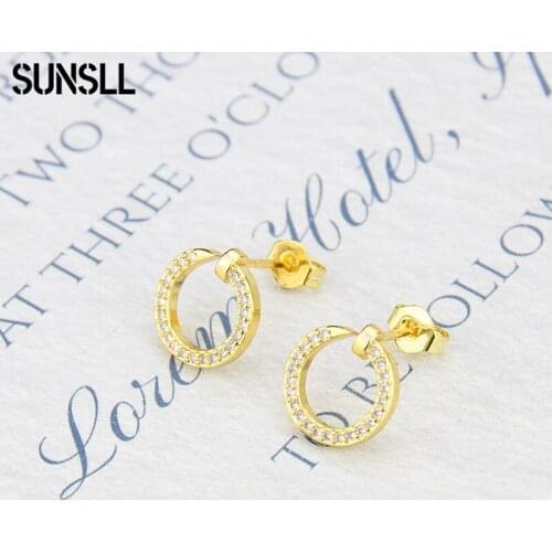 SUNSLL New Arrival Simple Jewelry Gold Silver Color White Cubic Zircon Circle Stud Earrings For Office Lady Winter Fashion Gift