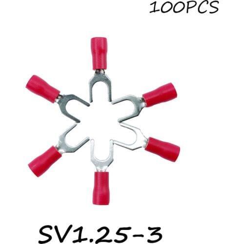 SV1.25-3 100PCS/Pack Red Insulated Spade Terminal Block Connector Electrical Furcate Lug Crimp Cable Wire Forked End Insulation