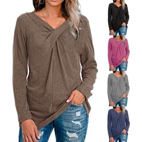 Women T-Shirt Loose V-Neck Kink Solid Long Sleeve Plus Size Shirts Autumn Spring Pullover Tops Female Cotton Tee Shirts