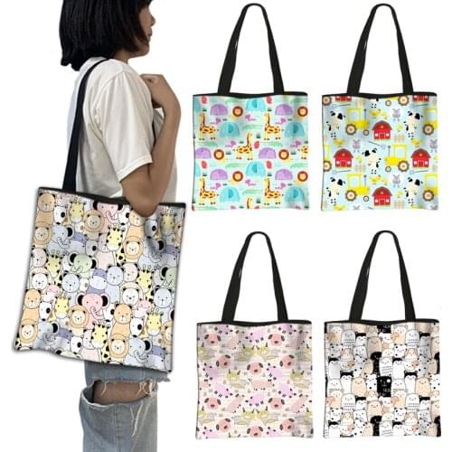 Cartoon Animal Prints Tote Bags Puppy Dog Lion Giraffe Women Handbag Canvas Shoulder Bags Large Capacity Ladies Shopping Bag