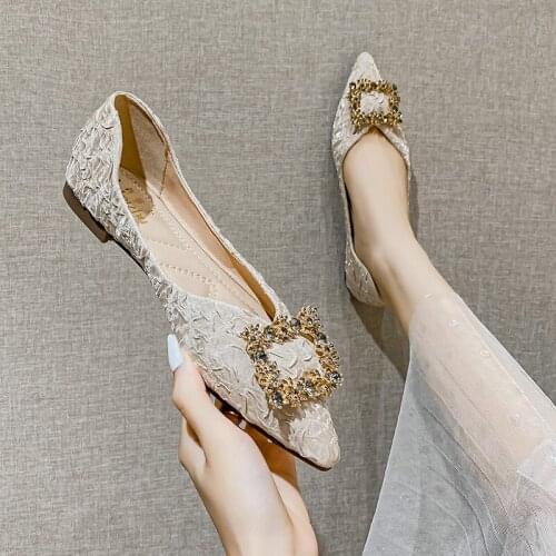 2021 Elegant Crystal metal square buckle flats woman loafers sneaker shoes women pointed toe satin moccasins large size 42/43