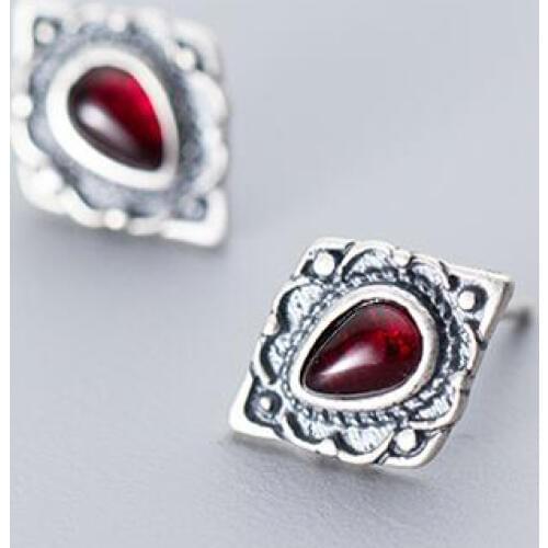 MloveAcc 925 Sterling Silver Vintage Stud Earrings Jewelry for Women Wholesale Retro Antique Silver Red Stone Earrings
