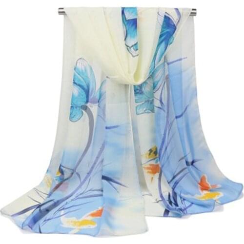 Women Thin Silk Scarf Summer Sunscreen Lotus Print Beach Towel Chiffon Scarves Shawl Soft Long Georgette Muslim Hijab Cap N56