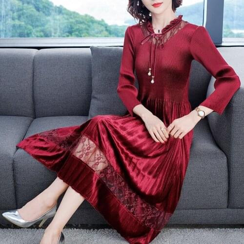 Fall Spring Womens Lace Patchwork Bow Wine Red Blue Black Velour Dress , Woman V Neck Pleated Velvet Dresses