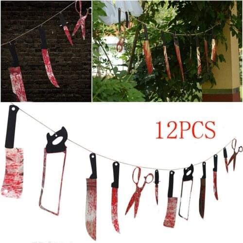 12Pcs Bloody Plastic Knife Halloween Haunted House Bloody Knife Hanging Garland Banner Decor Halloween Props Party Supplies 6Z