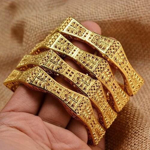4 Pieces/Lot African Gold Color Shiny Bangles for Women Girls Dubai Circle Bracelet Jewelry Ethiopian Bride Wedding Jewerly Gift
