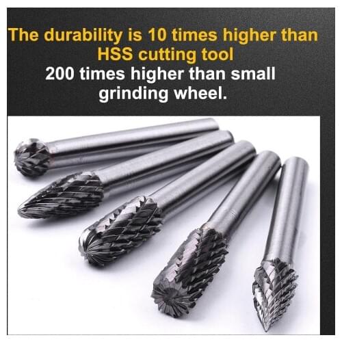 5Pcs/Set 8mm Head 6mm Shank Tungsten Carbide Rotary Burr Die Cutter Polishing Double-cut Rotary file Milling Cutter Tool