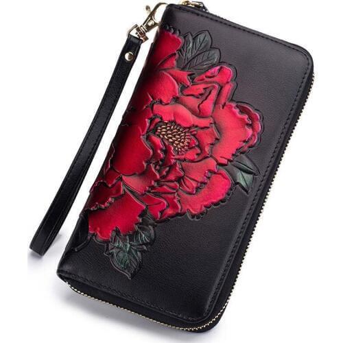 5PCS / LOT Peony hand-painted organ purse lady long multi-card leather large capacity rfid wallet Chinese style