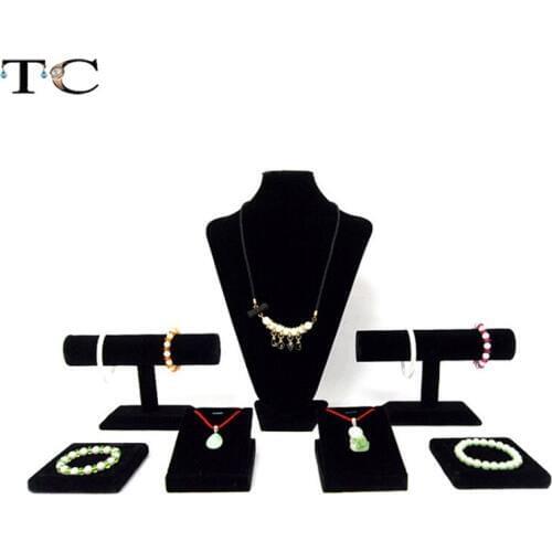 Newest Jewelry Display Showcase Black Velvet 7pcs Pendant Bracelet Display Necklace Showed Tray Case Holder Organizer Stand