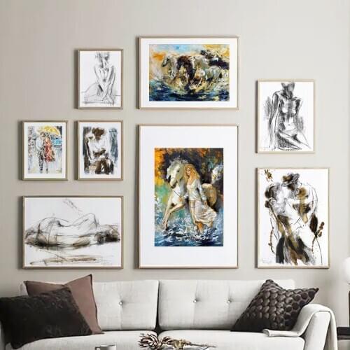 Sketch Abstract Lines Girl Horse Umbrella Wall Art Canvas Painting Nordic Posters And Prints Wall Pictures For Living Room Decor