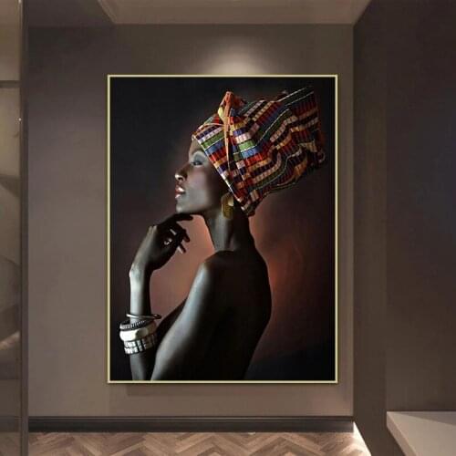 African Nude Woman Indian Headband Portrait Canvas Painting Posters and Prints Scandinavian Wall Art Picture for Living Room