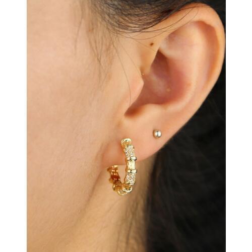 Bamboo shape white cz huggie hoop earring gold color unique new design trendy hoops fashion women jewelry