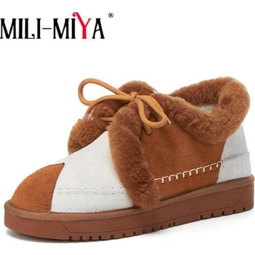MILI-MIYA Cow suede Ankle Snow Boots Lace-Up Round toe Flat with Mixed colors Cross-tied Wool blend plush winter shoes for lady