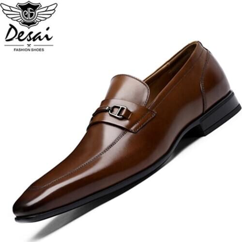 DESAI Brand Top Quality Mens Genuine Leather Shoes Pointed Toe Luxury Formal Dress Shoes Men Slip-On Elegent Wedding Shoes