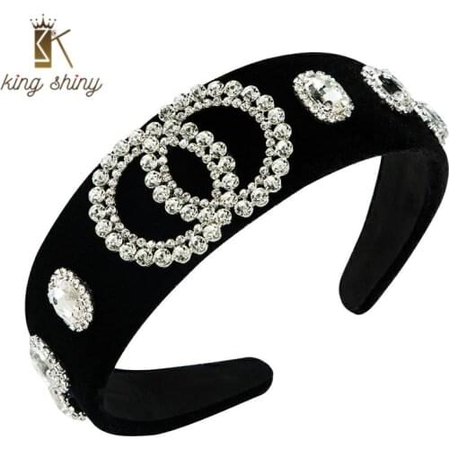 Elegant Shiny Crystal Double Circle Headband for Woman Vintage Sparkly Rhinestone Black Velvet Hairband Female Party Headpieces