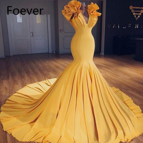 Elegant Long Prom Dress 2019 Yellow Mermaid Style V Neck Pleated Imported Party Dress Women Formal vestido formatura