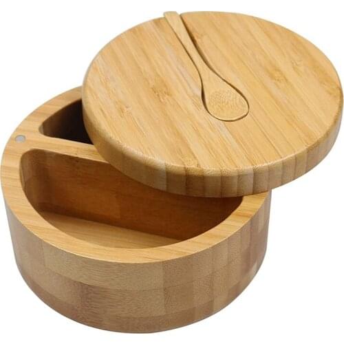 HOT Bamboo Seasoning Box With Spoon Rotating Cover Bamboo Seasoning Can Magnetic Suction Seasoning Can Double Grid Salt Box