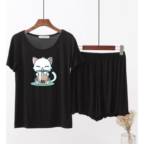 Summer Womens Pajamas Modal Cotton Solid Color O-Neck Homewear Thin Short-Sleeve Shorts Two-Piece Sleepwear Cute Cats Pajamas