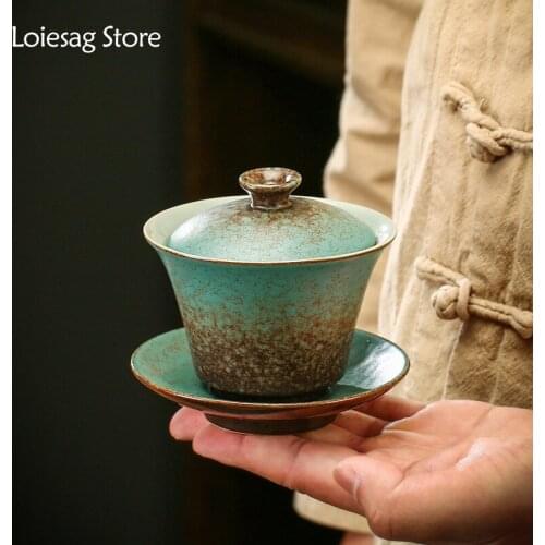 Loiesag 120ml Peacock Green Sancai Cover Bowl Tea Cup Kiln Change Glaze Antique Black Pottery Tea Bowl Ceramic Kung Fu Tea Set
