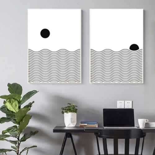 Sun Moon Water Geometric Minimalist Posters and Print Black White Woodblock Wall Picture Art Canvas Painting Home Wall Art Decor