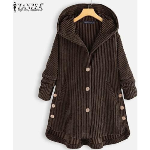 Fashion Womens Irregular Jackets ZANZEA 2021 Corduroy Coats Winter Long Sleeve Outwears Female Button Hooded Tops
