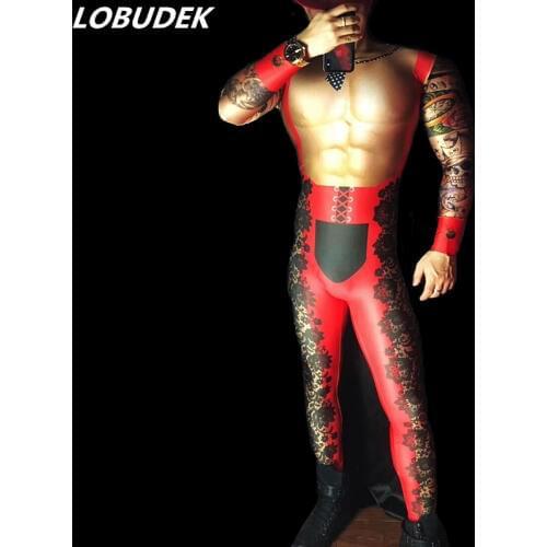Mens Elastic Leotard Rompers False Muscle 3D Printed Skinny Jumpsuit Sexy Nightclub Bar DJ Pole Dance Stage Wear Party Costume