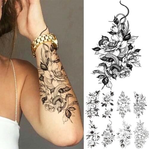 Flower Snake Fake Tattoo Stickers for Women Girls Black Rose Peony Design DIY Temporary Tattoos Shoulder Arm Chest Body Art