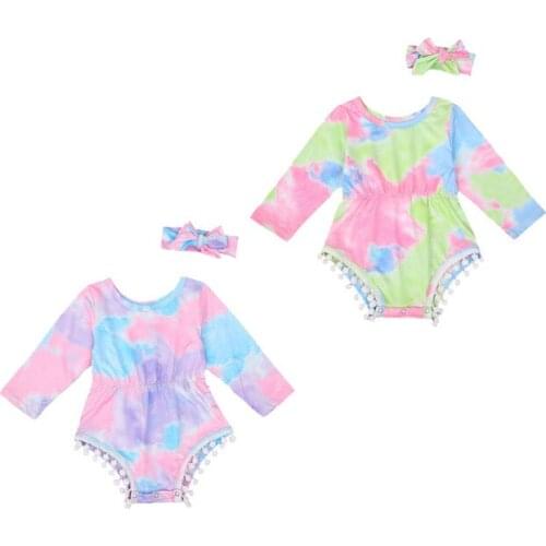 Newborn Baby Girls Tie Dye Rompers Sets Round Neck Long Sleeve Color Playsuits with Bow Headband