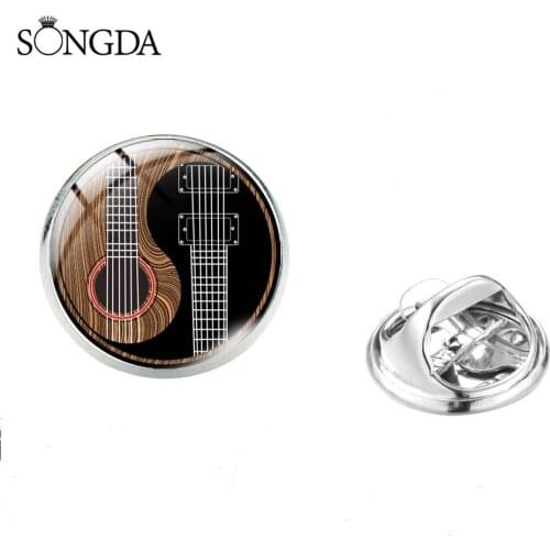 SONGDA Creative Tai Chi Guitar Music Note Glass Dome Brooch Electric Guitar Wooden Guitar Art Photo Brooches For Women Jewelry
