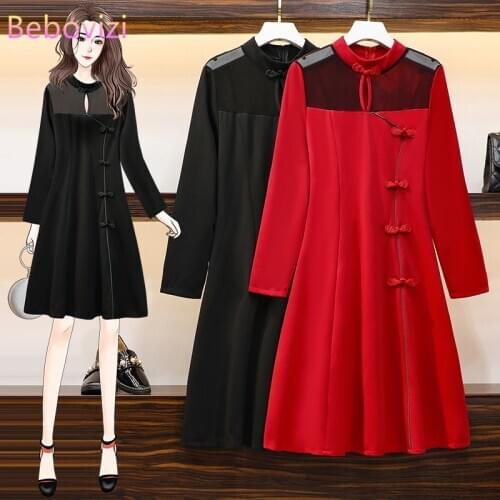 Autumn M-4XL Plus Size Vintage Red Black Color Block Chinese Style Traditional Casual Women Long Sleeve Cheongsam Dresses Qipao