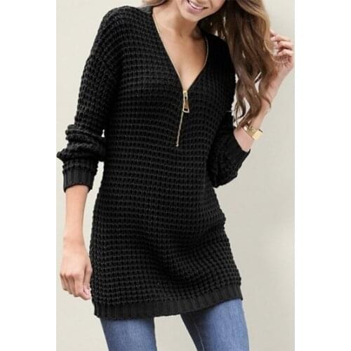 2020 Autumn Long Sleeve Knitted Sweater Women Fashion Zipper V Neck Pullover Jumpers Solid Sweaters Tops Sueter Mujer Plus Size