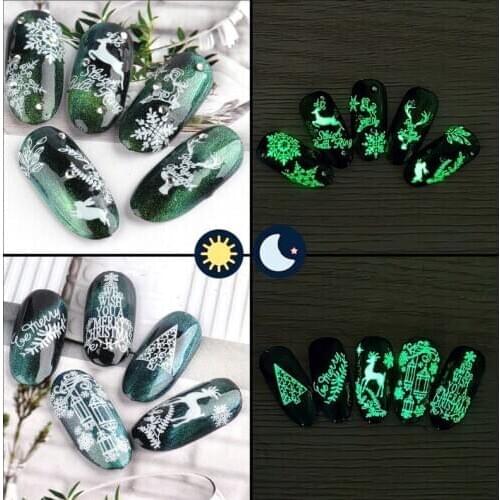 Christmas Winter Glow In The Dark Stickers for Nails 5D Snowflake Deer Luminous Sliders Nail Decor Polish Nail Art Decorations