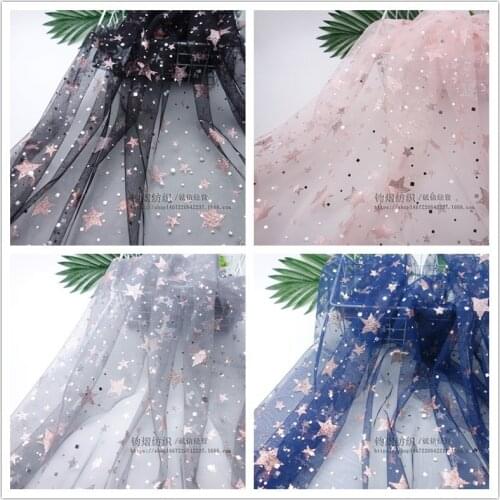 Pink Square Stars Printing Mesh Lace Fabric For Evening Dress Womens Gauze Skirt Bridal Tulle Dress Sequins Clothing Fabric