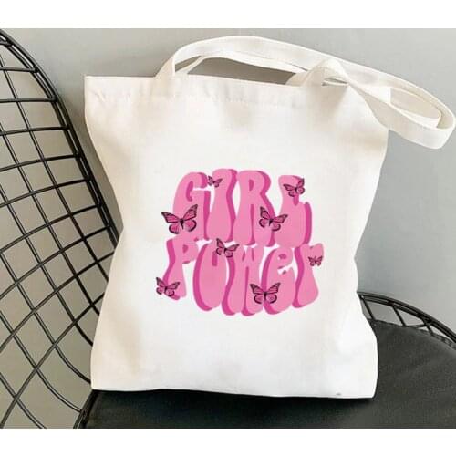 Shopper Girl Power with Butterflies Bag Harajuku women Shopping Bag Canvas Shopper Bag girl handbag Tote Bag Shoulder Lady Bag