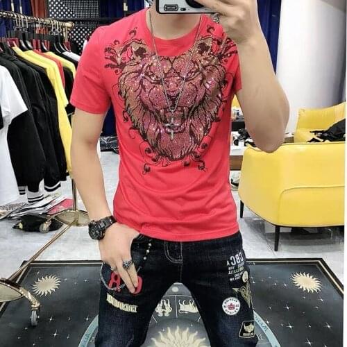 High quality mens designer T-shirt top rhinestones O-neck slim short sleeve T-shirt casual fashion perfect T-shirt