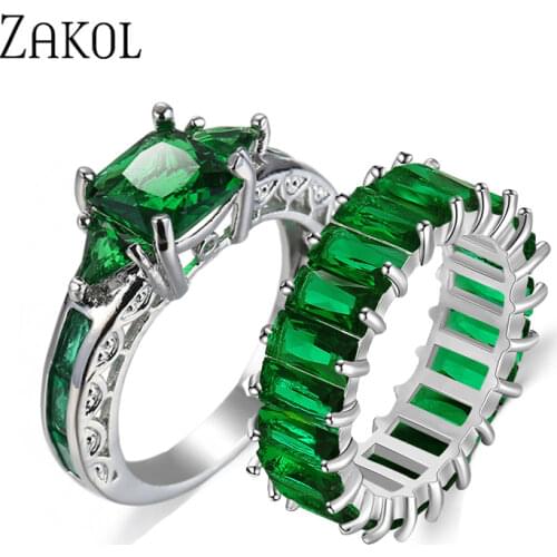 ZAKOL Eternity Luxury Green Stackable Chic Rings for Women Wedding Cubic Zircon Engagement Dubai Statement Finger Jewelry RP2134