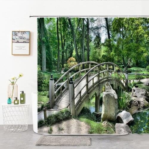 Garden Pond Shower Curtain In Japanese Style Landscape Bridge Rockery For Bathroom Decor Bath Things For Home 3D Curtains