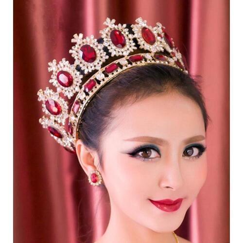 Baroque Red Crystal Full Round Crown Big Blue Tiara Large Rhinestones Princess Crown Women Wedding Hair Accessories Bridal Gift