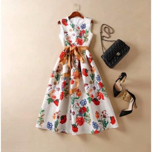 American European womens and clothing 2021 summer new style Floral print sleeveless fashion lace-up dress
