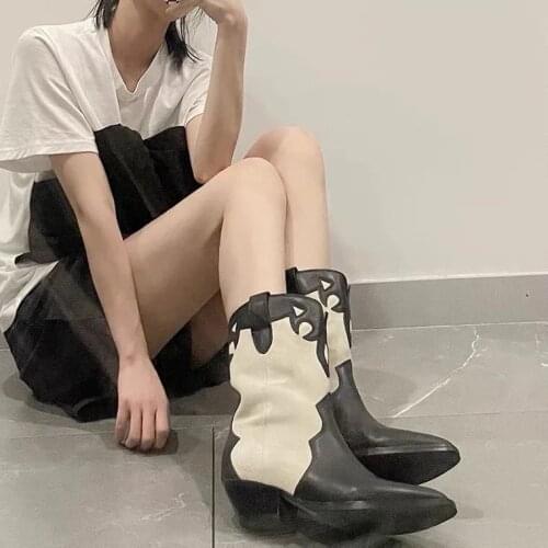 Women Boots White Cowboy Vintage Western Ankle Short Cowgirl Boots Retro High Top Shoes With Heel for Women Girl 2021 Cossacks