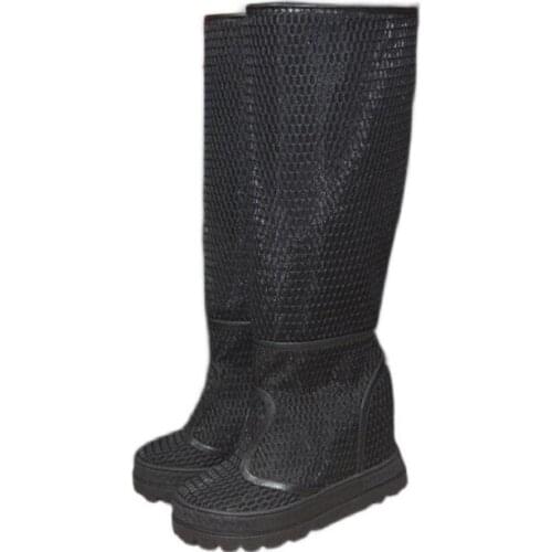 New Woman Black Highly Resistant Nylon Net Wedge Knee Boots Ladys Hidden 80 mm Platform Thick Sole Slip On Round Toe Long Boots