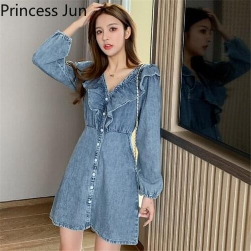 2021 Spring Women Fashion Mini Blue Denim Dress Long Sleeve Sexy V Neck A Line Blue Jeans Dress Single Breast Ruffled Slim Dress