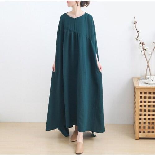 Johnature Women Cotton Dress O-Neck Short Sleeve Solid Color Long Dress 2021 Summer New Pocket Loose Casual Irregular Dress